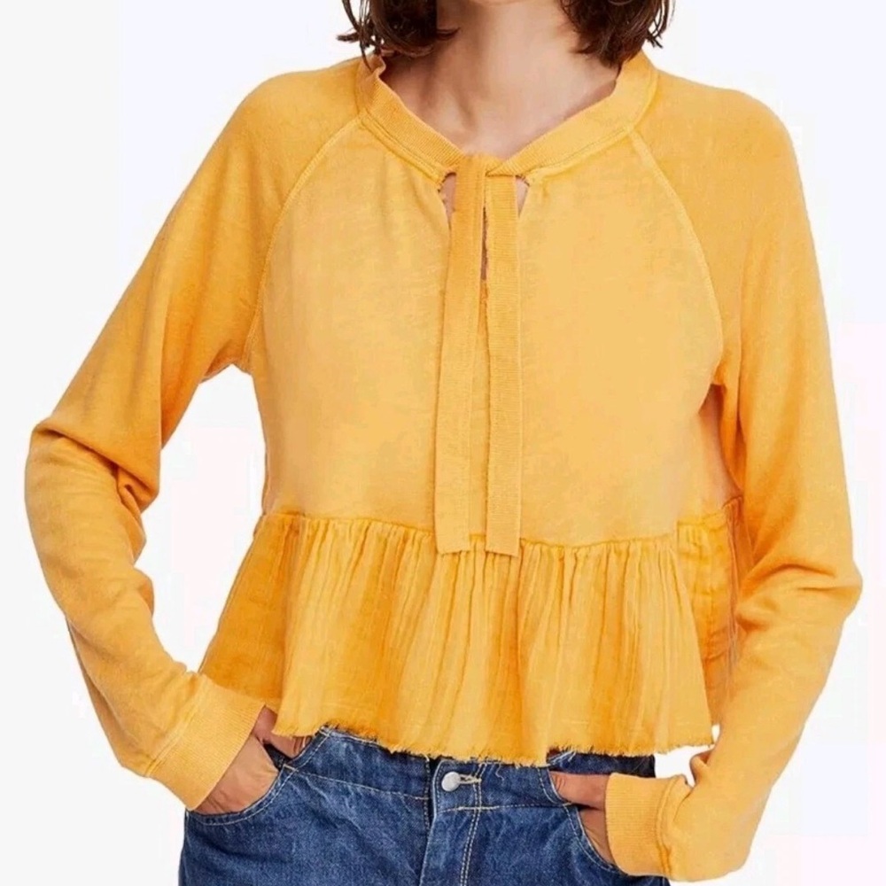 Free People Sweet Jane Yellow Peplum Oversized Ruffled Long Sleeve Top Sz M